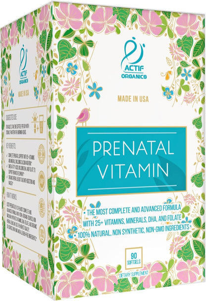 Actif Organic Prenatal Vitamin - 25+ Organic Vitamins, DHA, EPA, Omega-3, Choline - Non-GMO, 90 Capsules