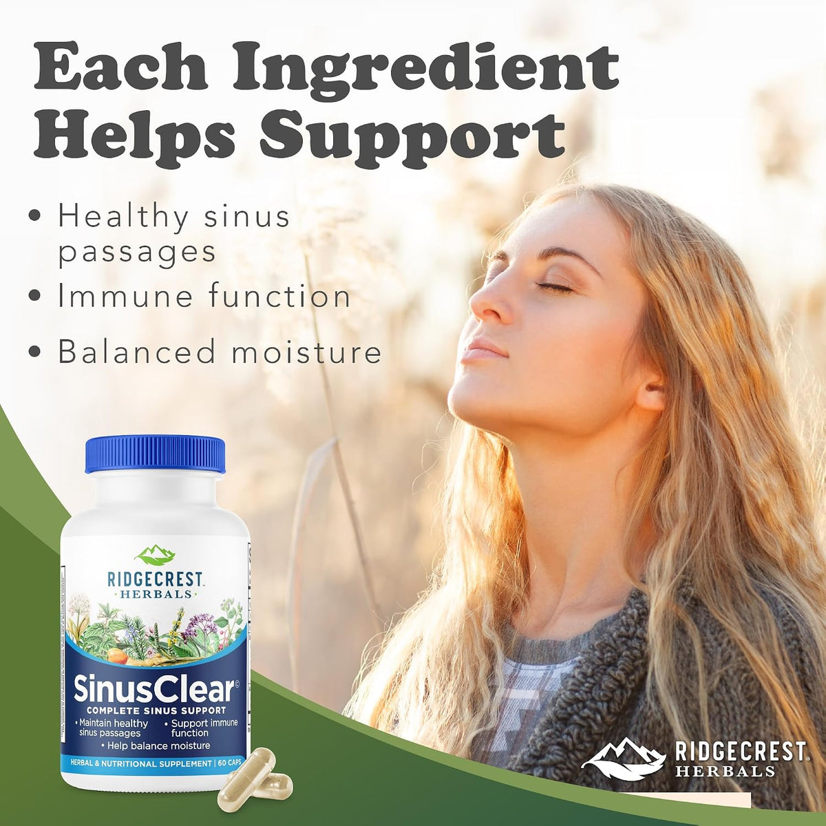 RidgeCrest Herbals SinusClear – Natural Sinus & Respiratory Support with Mullein, Bromelain, Vitamin C, and Zinc (60 Veg Caps) - görsel 2