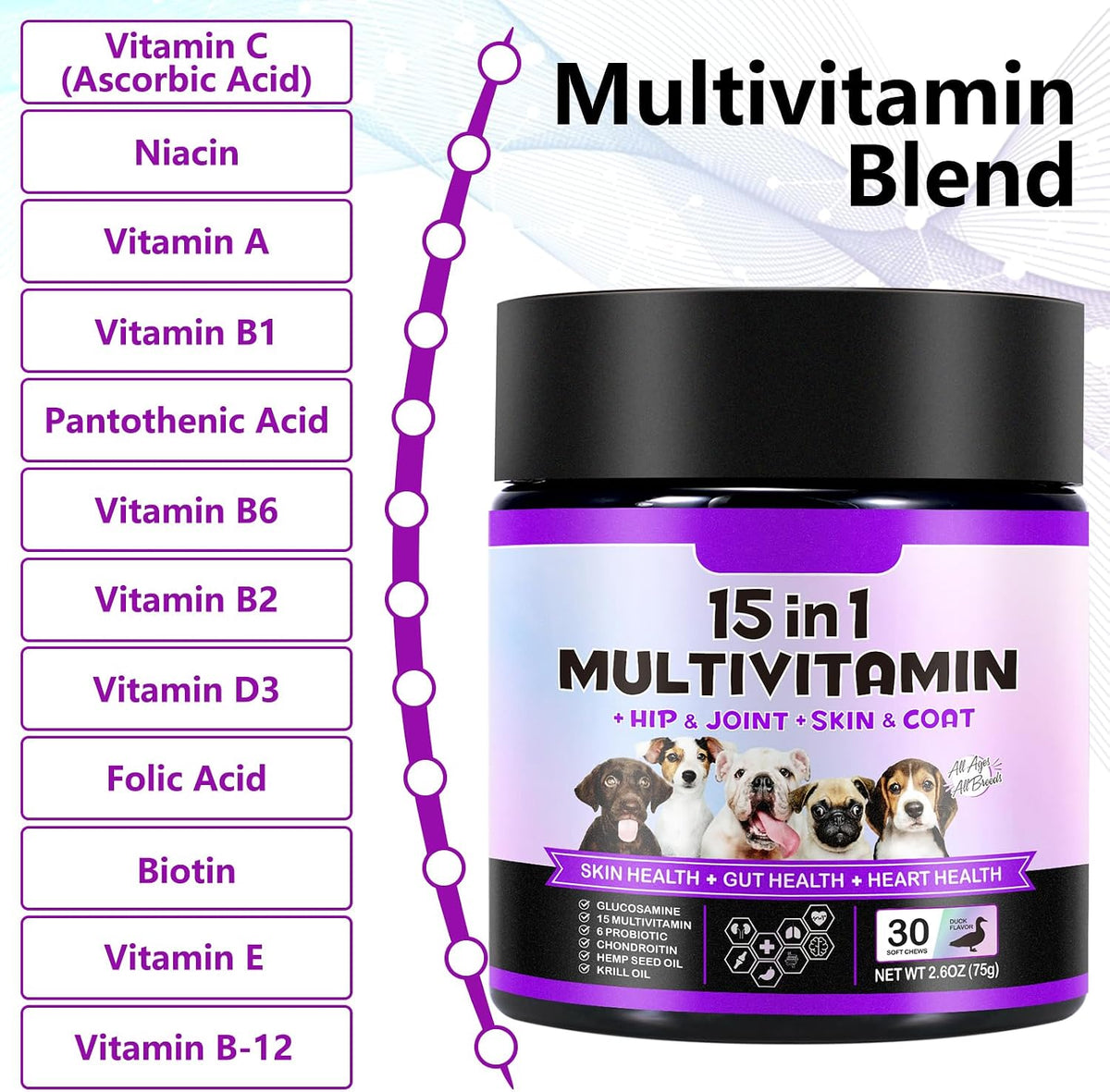 Dog Multivitamin Chewable, Dog Daily Vitamins and Supplements, 15-in-1 Complete Daily Supplement with Glucosamine & Probiotics – Duck Flavour, 150 Chews - görsel 2