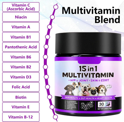 Dog Multivitamin Chewable, Dog Daily Vitamins and Supplements, 15-in-1 Complete Daily Supplement with Glucosamine & Probiotics – Duck Flavour, 150 Chews
