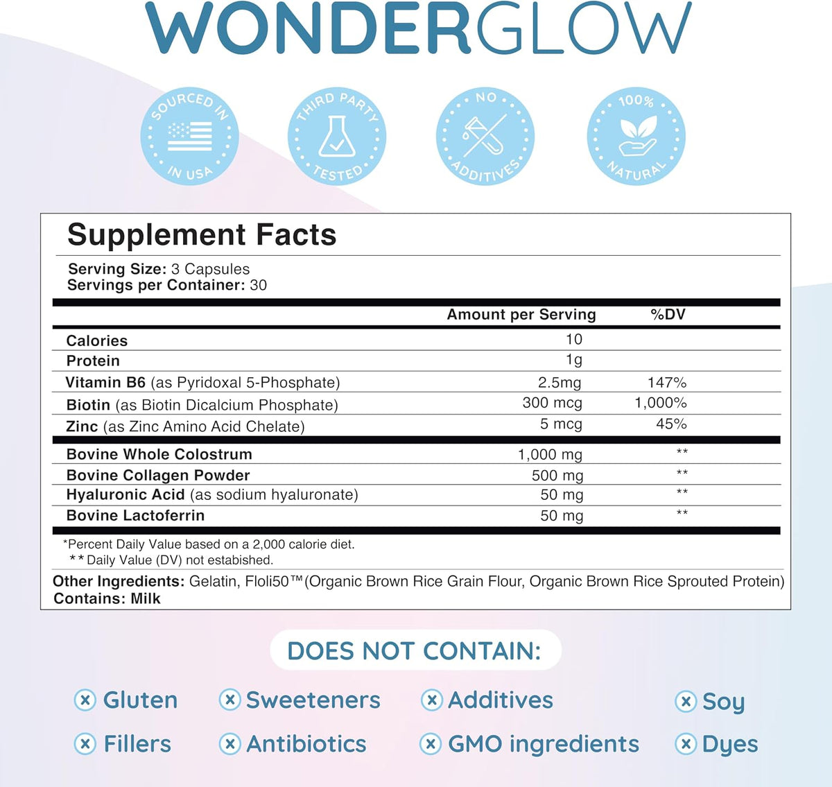 WONDERCOW Hair Skin and Nails Vitamins with Bovine Colostrum, Collagen, Hyaluronic Acid, Biotin, Zinc & Lactoferrin - görsel 2