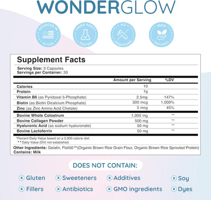 WONDERCOW Hair Skin and Nails Vitamins with Bovine Colostrum, Collagen, Hyaluronic Acid, Biotin, Zinc & Lactoferrin