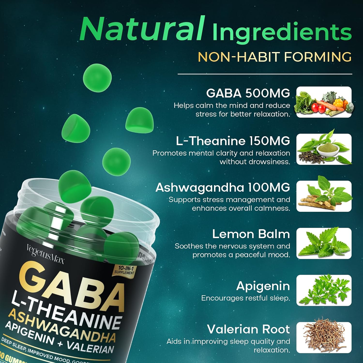 GABA Gummies 500mg for Stress Support, Relaxation, Melatonin-Free Calm Gummies with L-Theanine, Ashwagandha, Magnesium & Valerian Root – 60 Count - görsel 4