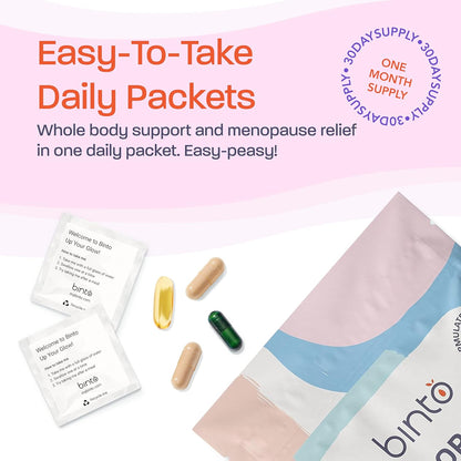Binto Complete 4-in-1 Multi-Symptom Menopause Relief Kit – 30-Day Supply – Multivitamins with Omega-3, Ashwagandha and Probiotics/Prebiotic Fibre Blend – Non-GMO