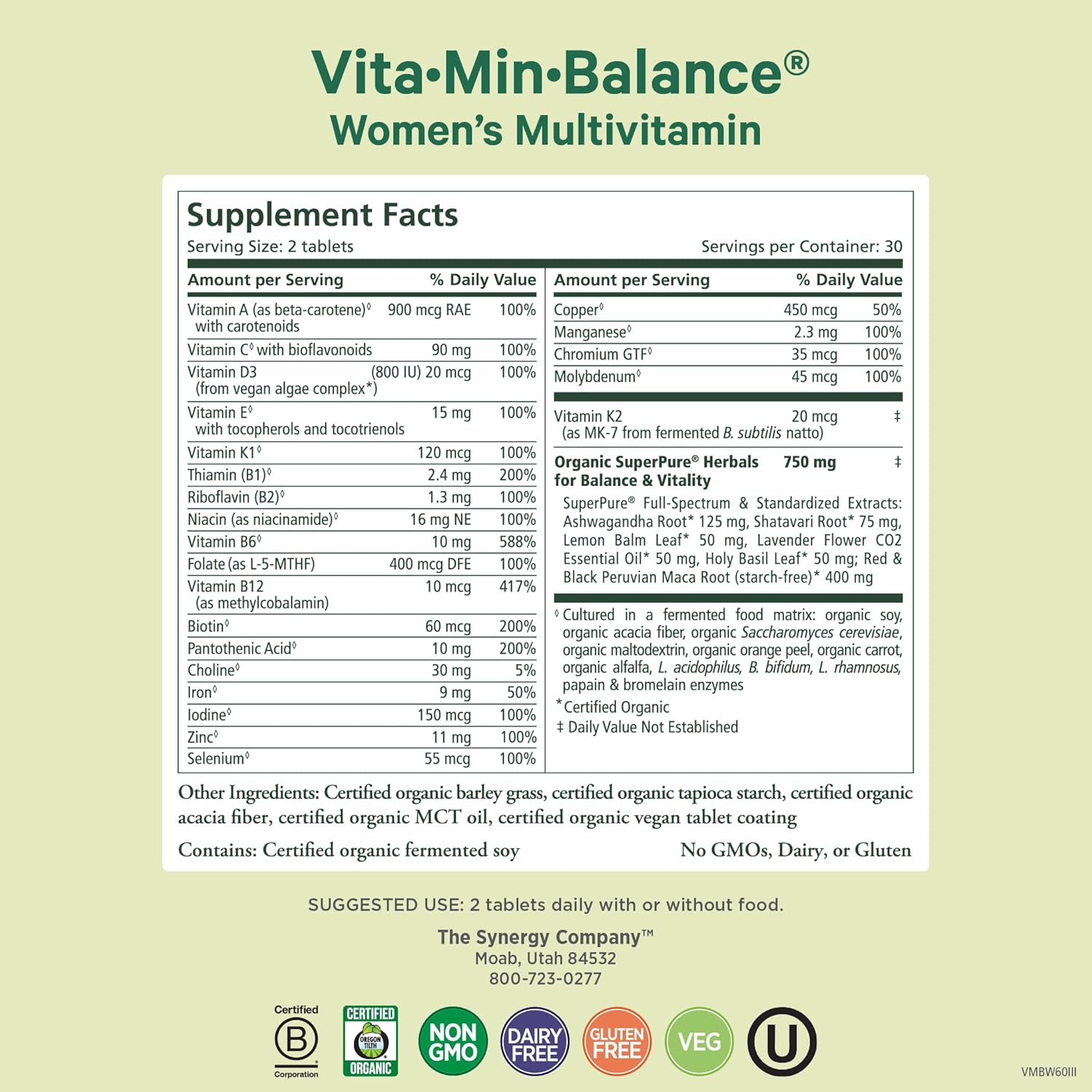 PURE SYNERGY Vita·Min·Balance: Women's Multivitamin with Iron – Organic Whole Foods for Energy and Stress Support (60 Tablets) - görsel 2