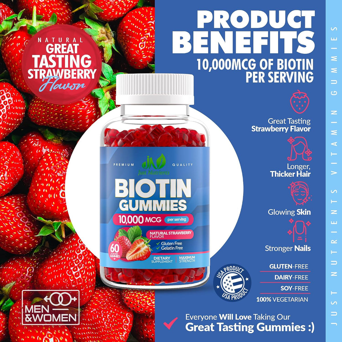 Biotin 10,000mcg Gummies for Hair, Skin & Nails - 2x Maximum Strength Biotin Vitamins for Women & Men - Gluten-free, Vegan, Non-GMO, Great Tasting Strawberry Flavour - 60 Gummies - görsel 3