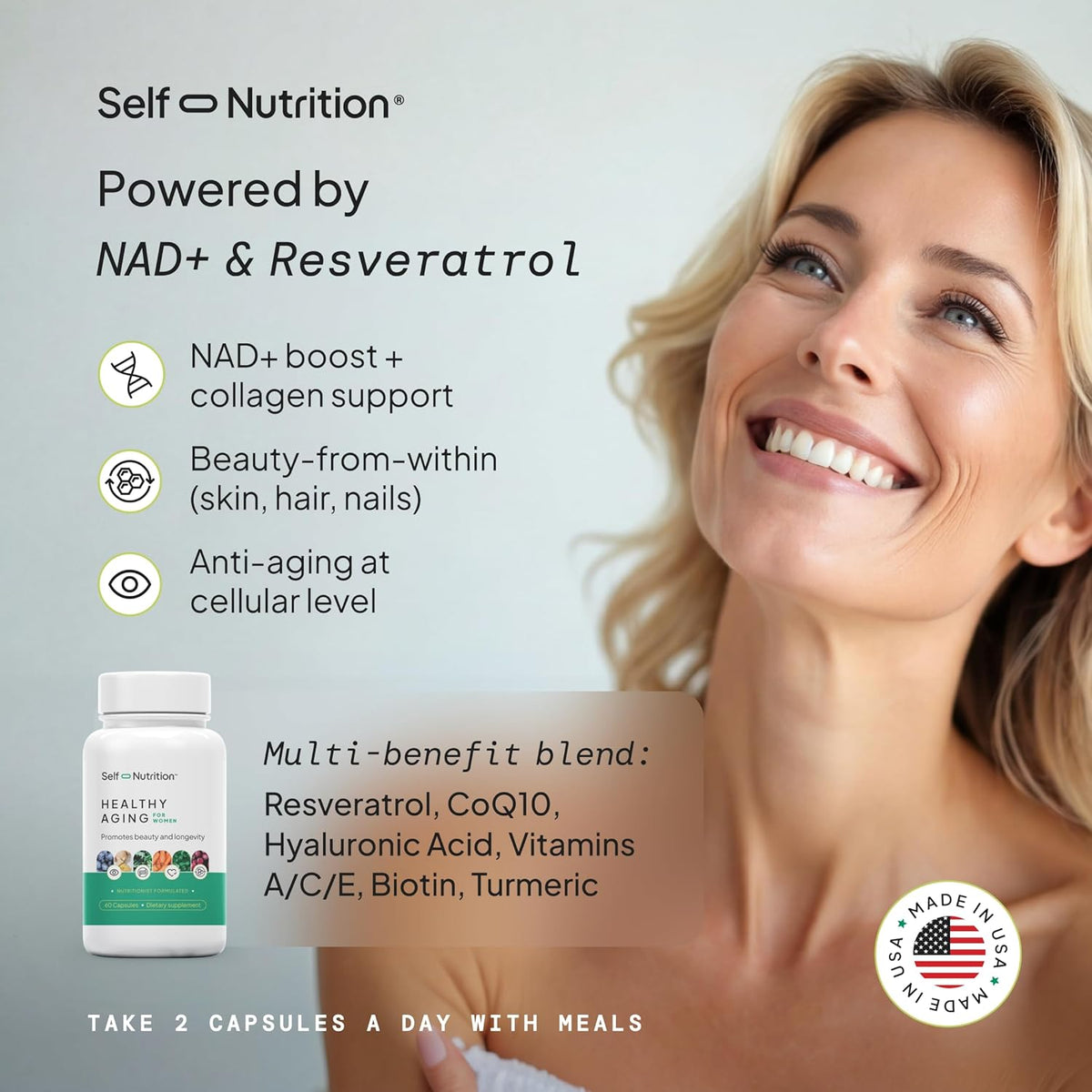 SELF NUTRITION NAD+ Resveratrol Supplement for Women – Healthy Ageing Formula with CoQ10, Biotin, Turmeric & Vitamins A, C, E – Supports Energy, Skin & Longevity – 60 Capsules. Made in the USA. - görsel 2