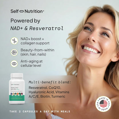 SELF NUTRITION NAD+ Resveratrol Supplement for Women – Healthy Ageing Formula with CoQ10, Biotin, Turmeric & Vitamins A, C, E – Supports Energy, Skin & Longevity – 60 Capsules. Made in the USA.