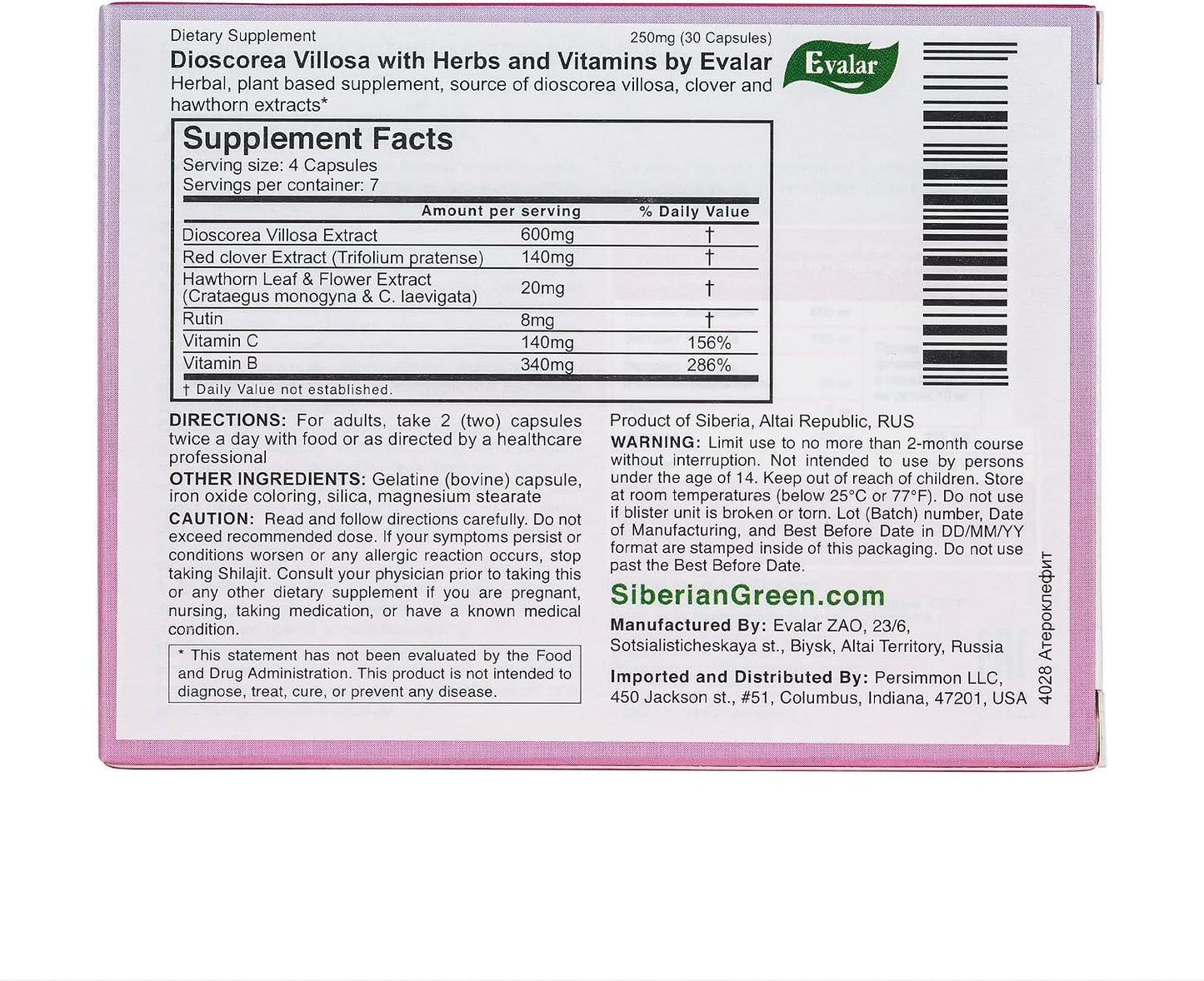 Evalar Dioscorea Villosa Wild Yam Red Clover Extract Ateroklefit Herb - 30 Capsules - görsel 5