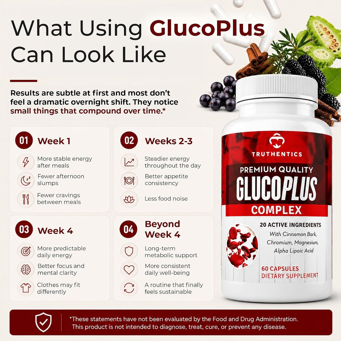 Truthentics GlucoPlus Metabolic Support - Cinnamon, Chromium, Gymnema, 60 Capsules - görsel 7