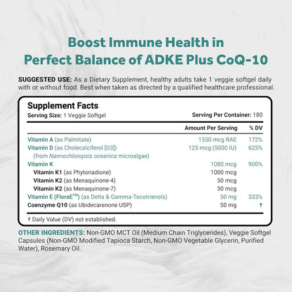 Naturalis Vegan Vitamin ADK with 50mg Tocotrienol and CoQ-10 | Nano-Emulsified in EVOO | 180 Veggie Soft gel capsules