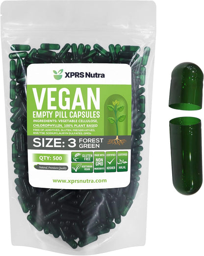 XPRS Nutra Size 3 Empty Capsules - 500 Count Vegan Capsules - Forest Green