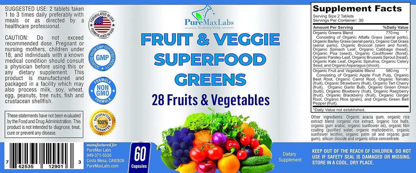 YUMMYVITE Fruit and Veg Superfood Greens - 28 Fruits and Vegetables with Antioxidants, 60 Tablets - görsel 5