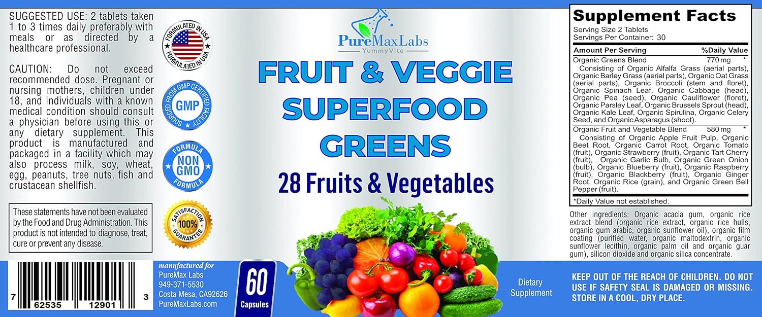 YUMMYVITE Fruit and Veg Superfood Greens - 28 Fruits and Vegetables with Antioxidants, 60 Tablets - görsel 5