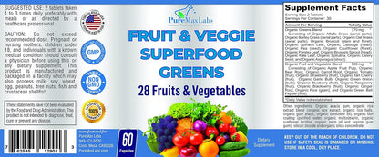 YUMMYVITE Fruit and Veg Superfood Greens - 28 Fruits and Vegetables with Antioxidants, 60 Tablets