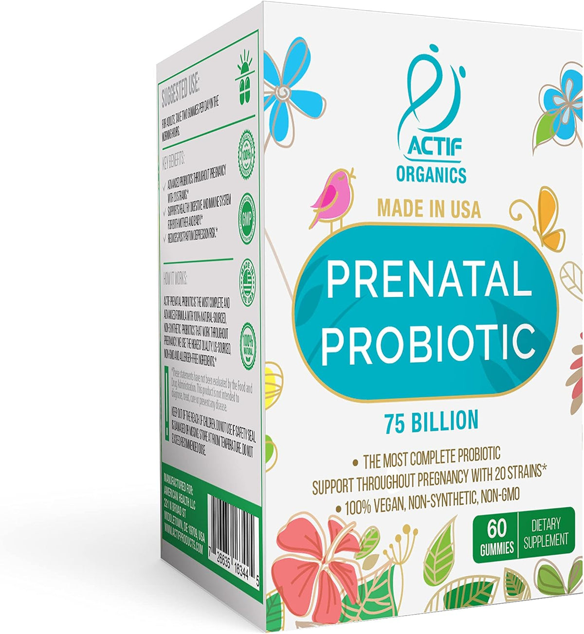 ACTIF Prenatal Probiotic Maximum Strength – 75 Billion CFU, 20 Strains, Immunity & Gut Support, Zero Nausea Gummies, Strawberry, 60 Count - görsel 1