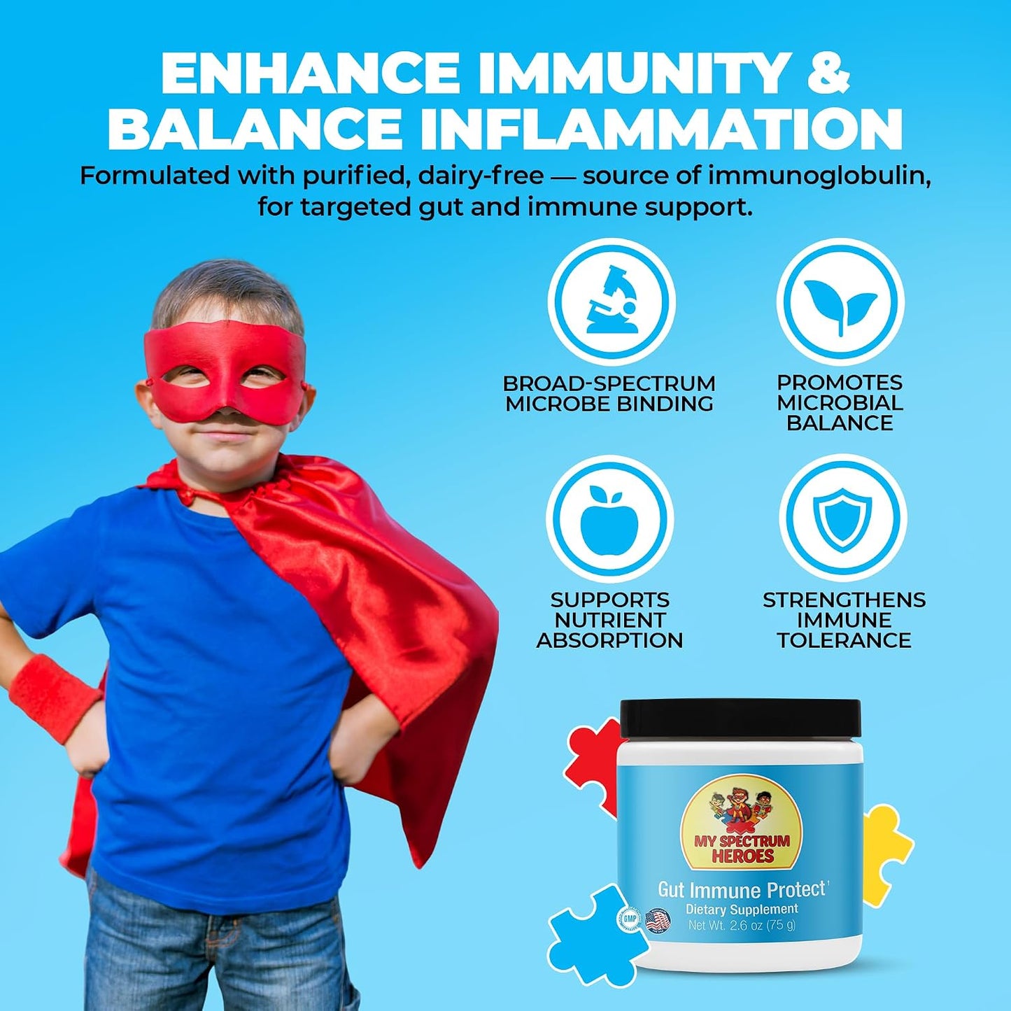 My Spectrum Heroes: Dairy-free Gut & Immune Booster - 1,200 mg of Pure IgG for Mucosal Immunity, Strong GI Barrier, Digestive Harmony, and Better Mental & Behavioural Health in Kids, with 60 Servings - görsel 3