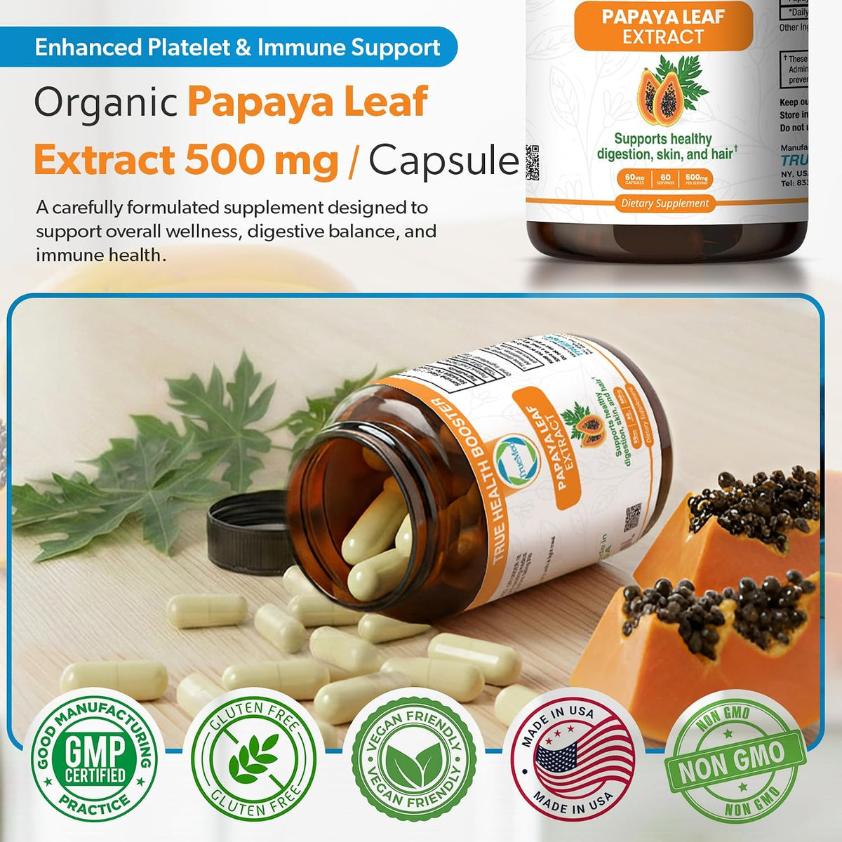 Papaya Leaf Extract 500 mg – 4X Extra Strength – 60 Capsules - görsel 5