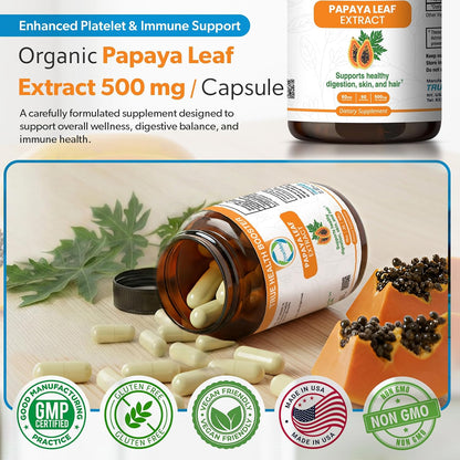 Papaya Leaf Extract 500 mg – 4X Extra Strength – 60 Capsules