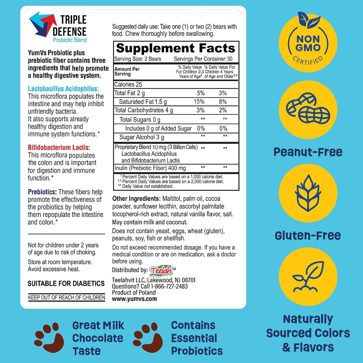 YUM-V'S Probiotics for Kids Chocolate Bears – Probiotic Supplement with Prebiotic Fibre – Sugar-Free – 60 Count (Pack of 2) - görsel 5