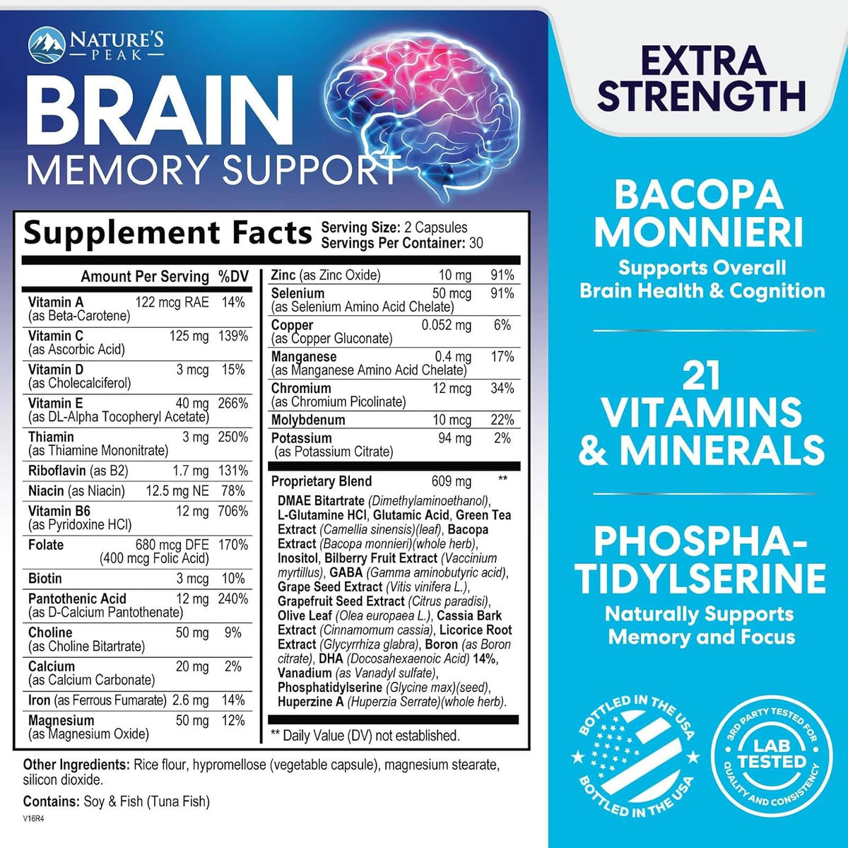 Nature's Peak Brain Memory Supplement – Nootropic Cognitive Support with Bacopa, Phosphatidylserine & DMAE, 60 Capsules - görsel 2