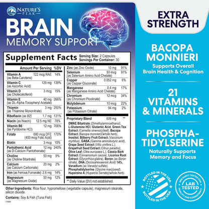 Nature's Peak Brain Memory Supplement – Nootropic Cognitive Support with Bacopa, Phosphatidylserine & DMAE, 60 Capsules