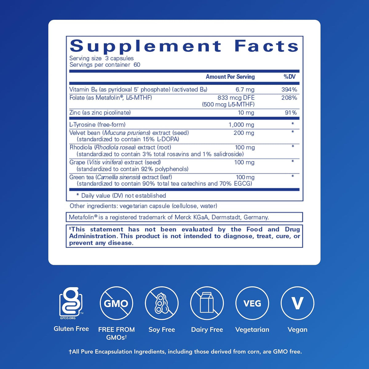 Pure Encapsulations DopaPlus - Supports Dopamine Production - for Daily Brain Function - with L-Tyrosine, Folate, Vitamin B6 & L-5-MTHF - Non-GMO & Vegan - 180 Capsules - görsel 2