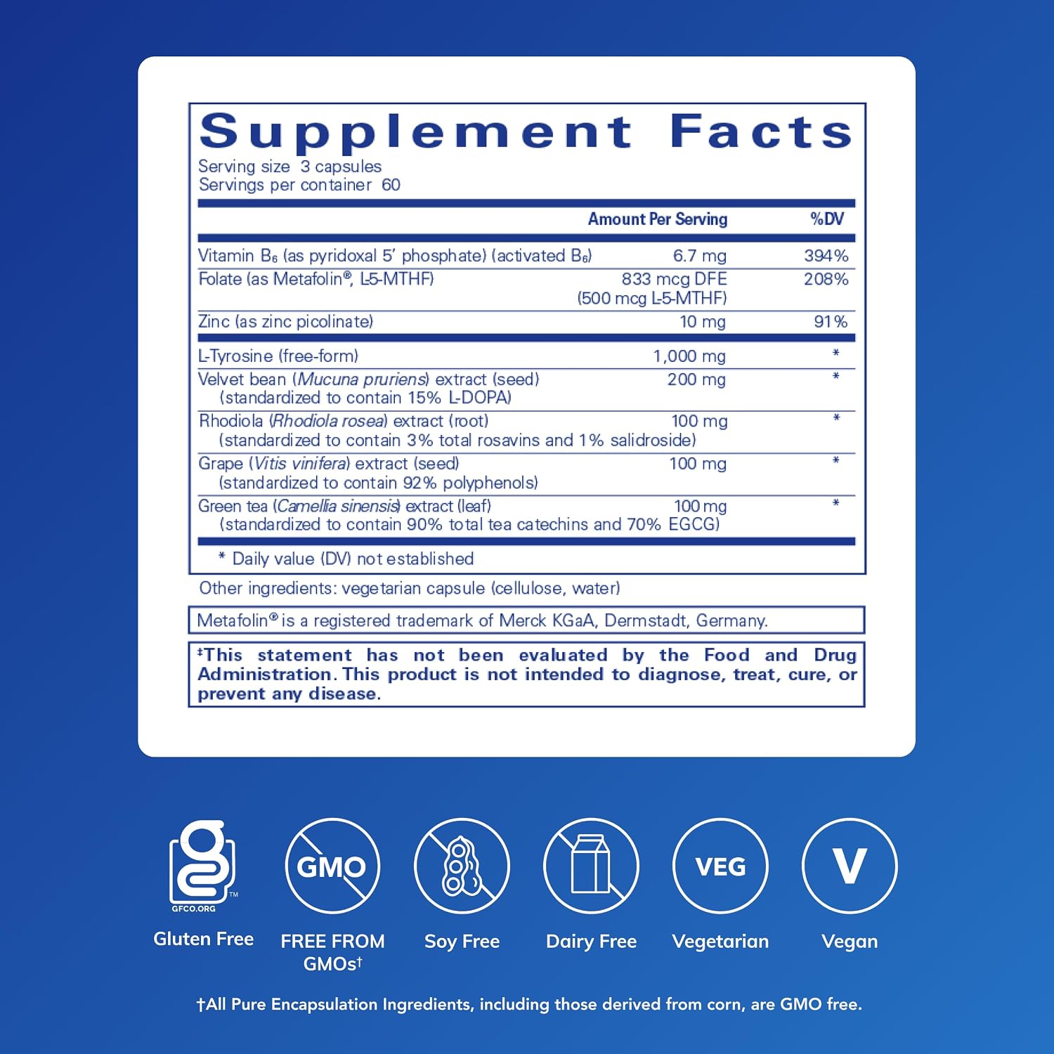 Pure Encapsulations DopaPlus - Supports Dopamine Production - for Daily Brain Function - with L-Tyrosine, Folate, Vitamin B6 & L-5-MTHF - Non-GMO & Vegan - 180 Capsules - görsel 2