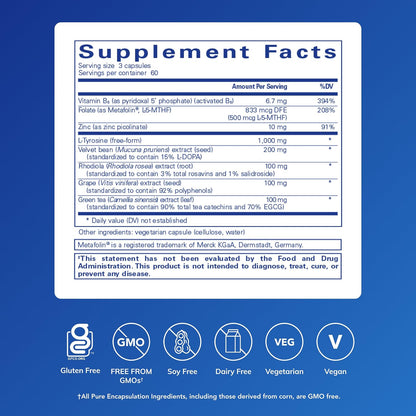 Pure Encapsulations DopaPlus - Supports Dopamine Production - for Daily Brain Function - with L-Tyrosine, Folate, Vitamin B6 & L-5-MTHF - Non-GMO & Vegan - 180 Capsules