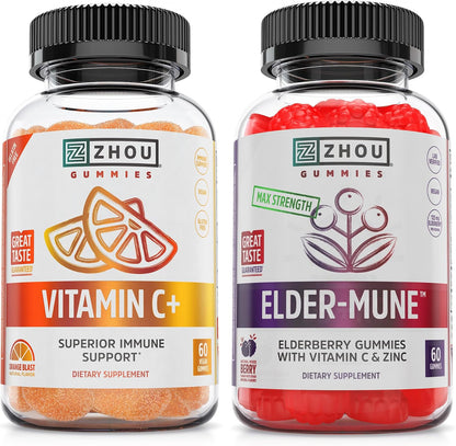 Zhou Vitamin C+ Gummies - 270 mg with Bioflavonoids, Rosehips & Acerola for Immune Support - 60 Vegan Gummies