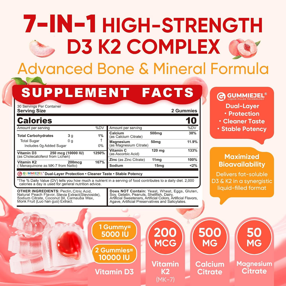Vitamin D3 K2 Gummies with Calcium, Magnesium, Zinc - 5000 IU / 10,000 IU - Vegan, Sugar-Free, 60 Count - görsel 2