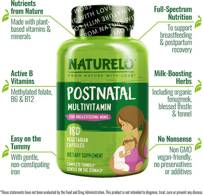 NATURELO Postnatal Multivitamin | Plant-Based Supplement for Breastfeeding Women | 180 Capsules