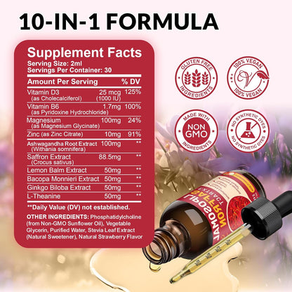 ReviNutra Saffron Liposomal Liquid Drops - 88.5mg Saffron Extract with Ashwagandha, Magnesium, L-Theanine, Zinc, B6 & D3 - Mood, Stress, Focus and Vision Support - Strawberry Flavour - 60 ml