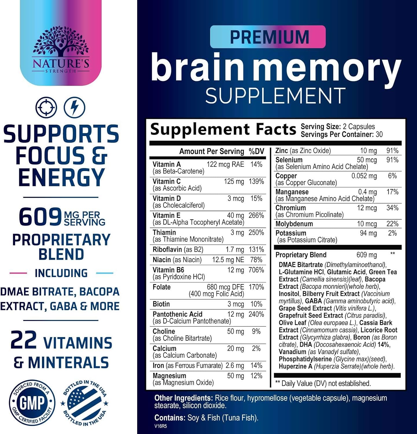 Nature's Strength Brain Memory Supplement - 3X Strength Nootropic Capsules for Concentration, Clarity & Focus Support - with Bacopa, Phosphatidylserine & DMAE - 60 Capsules - görsel 2