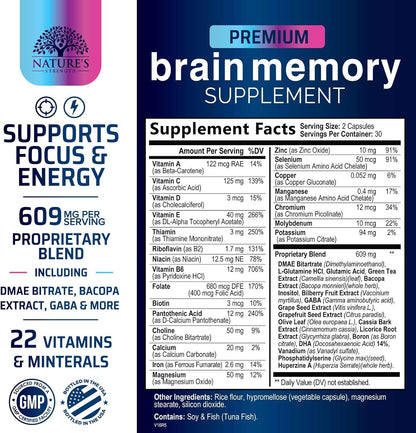 Nature's Strength Brain Memory Supplement - 3X Strength Nootropic Capsules for Concentration, Clarity & Focus Support - with Bacopa, Phosphatidylserine & DMAE - 60 Capsules