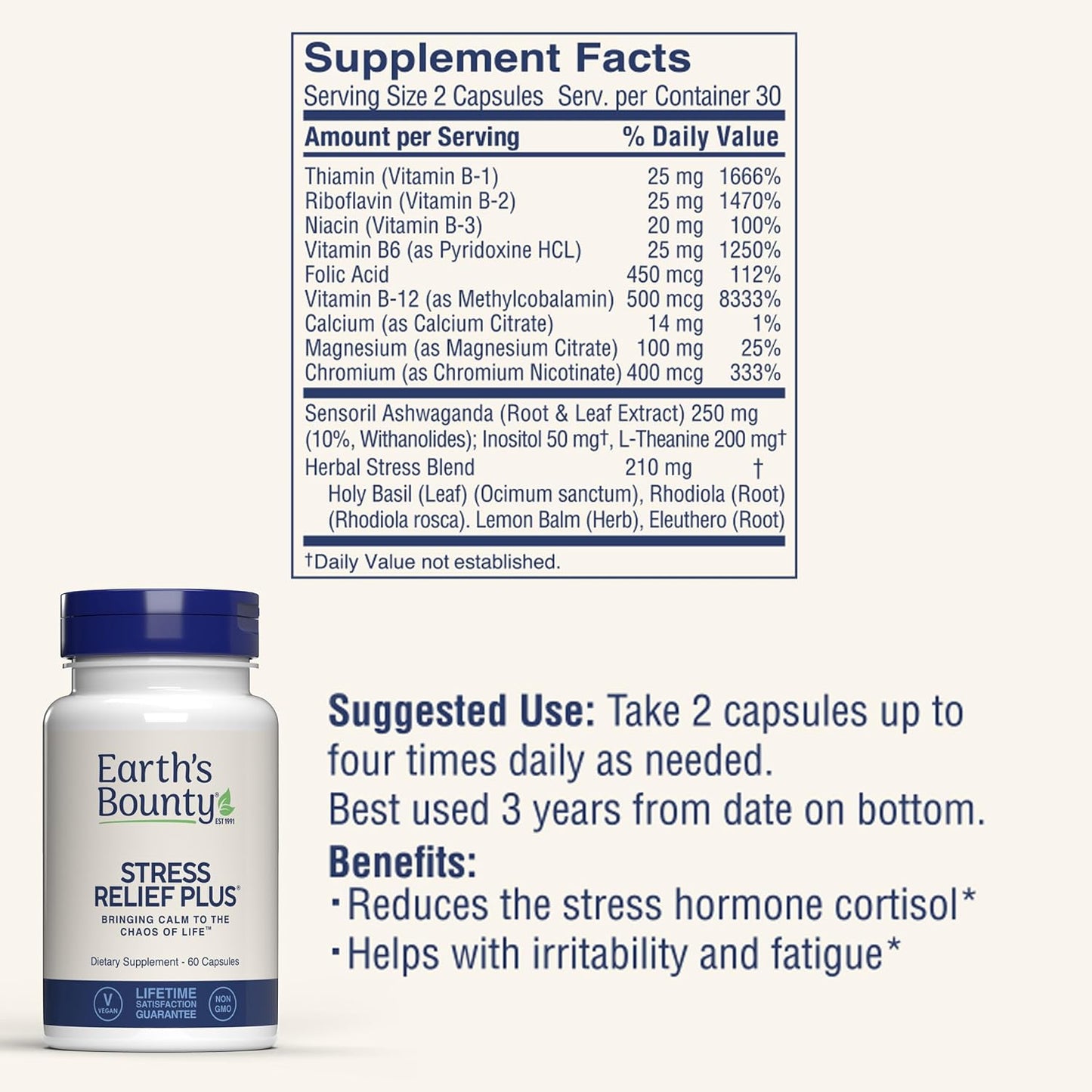 Earth's Bounty Stress Relief Plus – Stress Support & Mood, 60 Vegetarian Capsules - görsel 3