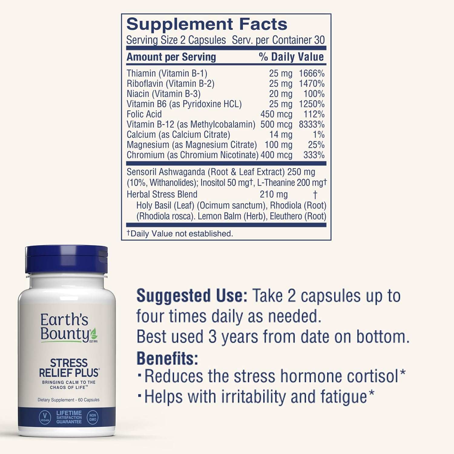 Earth's Bounty Stress Relief Plus – Stress Support & Mood, 60 Vegetarian Capsules - görsel 3