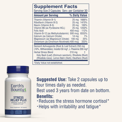 Earth's Bounty Stress Relief Plus – Stress Support & Mood, 60 Vegetarian Capsules