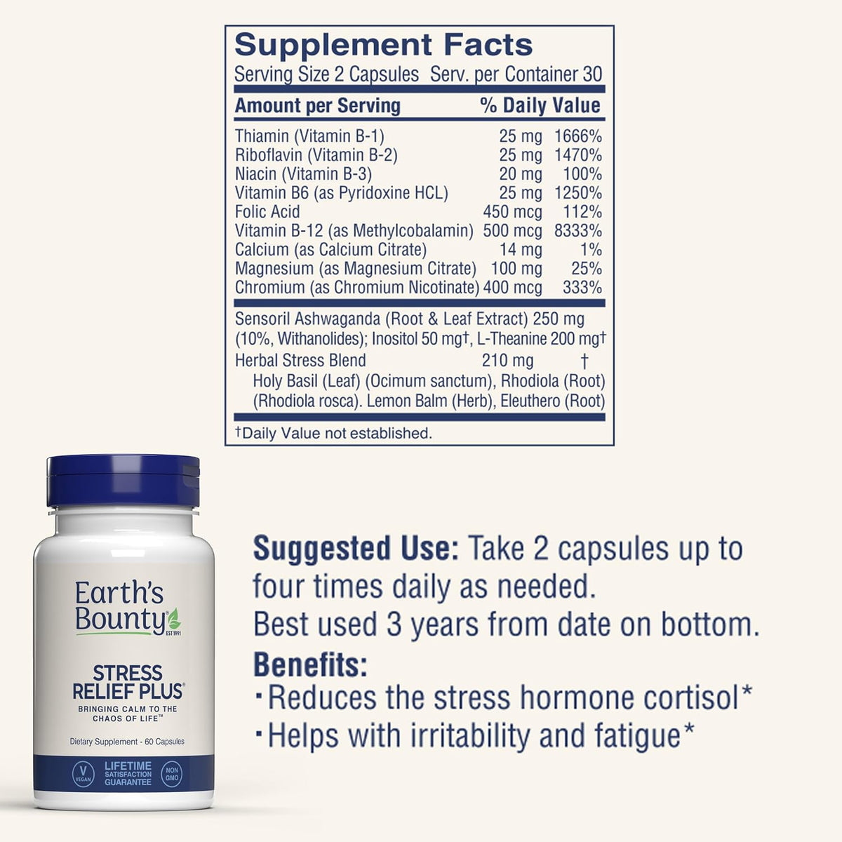 Earth's Bounty Stress Relief Plus - 60 Vegetarian Capsules - Stress Support & Mood Enhancer - görsel 3