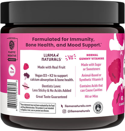 Llama Naturals Vitamin D3 Gummies – Vegan, Organic, Immune & Bone Health Support, Real Fruit, No Added Sugar, Raspberry, 60 Gummies