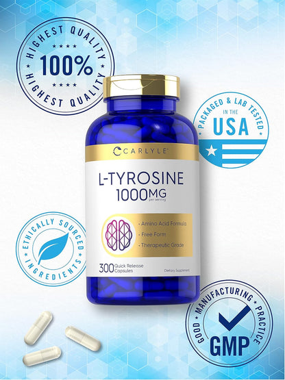 Carlyle L-Tyrosine Capsules 1000mg, 300 Count, High Strength, Non-GMO & Gluten-free