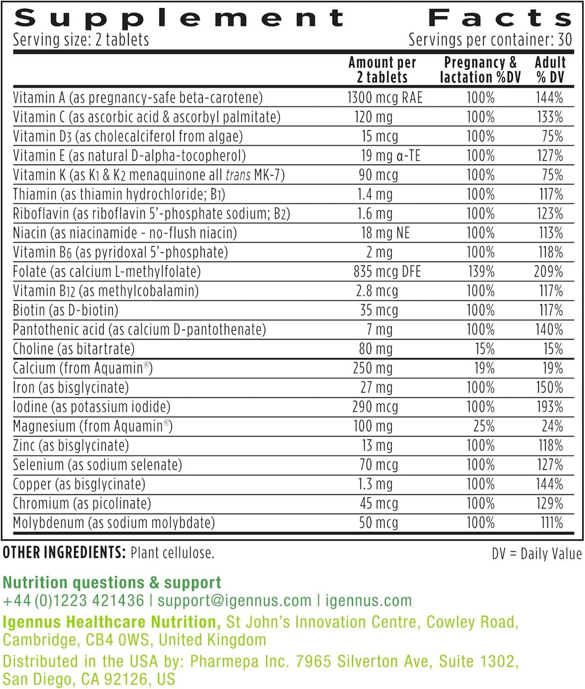 Igennus Methylated Prenatal Multivitamin for Women – Folate for MTHFR, High Absorption, Pure & Clean, Gentle Iron, Choline, Calcium & Magnesium, Vegan, Non-GMO, 60 Tablets - görsel 6