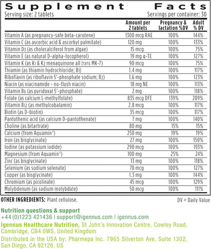 Igennus Methylated Prenatal Multivitamin for Women – Folate for MTHFR, High Absorption, Pure & Clean, Gentle Iron, Choline, Calcium & Magnesium, Vegan, Non-GMO, 60 Tablets