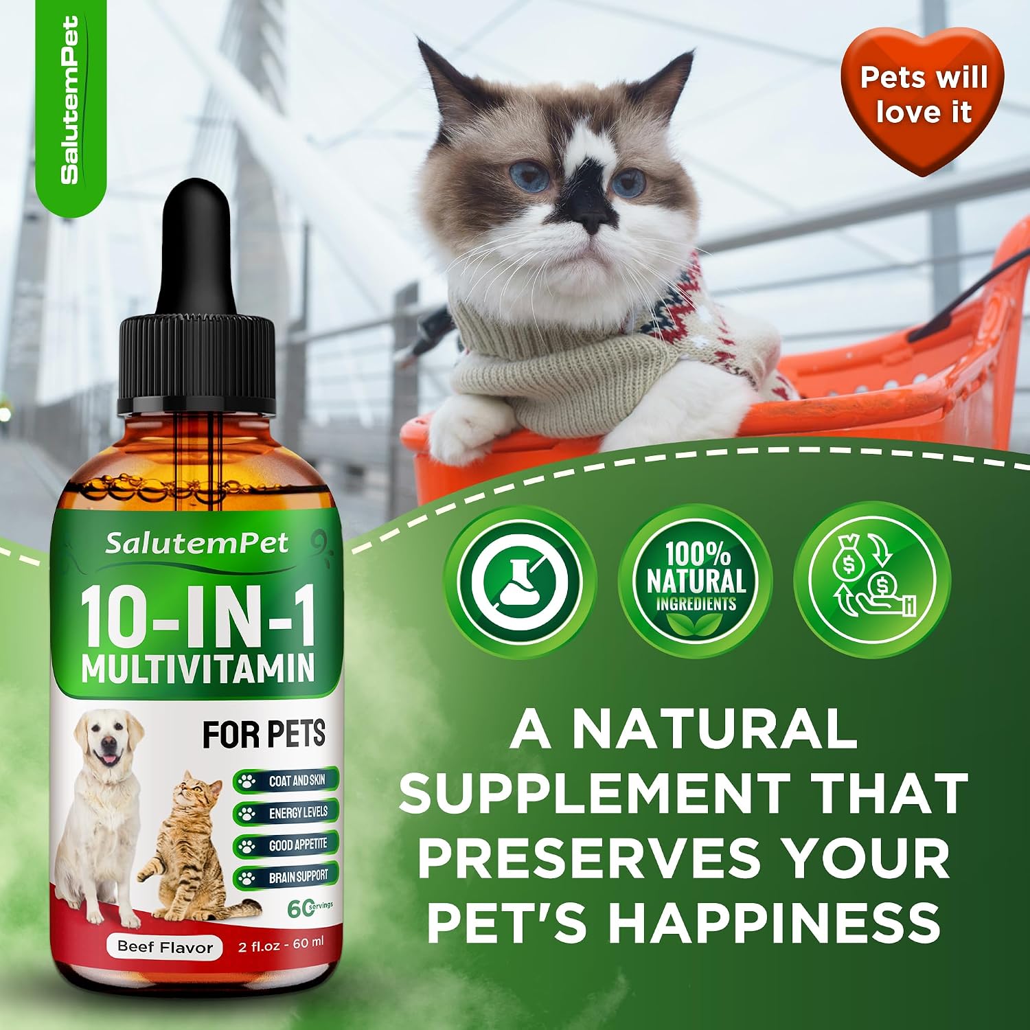 SalutemPet Liquid Multivitamin for Cats and Dogs - 10-in-1 Supplement with Vitamins C, D3, B Complex, Glucosamine, Cranberry - Beef Flavour - 60 ml - görsel 7
