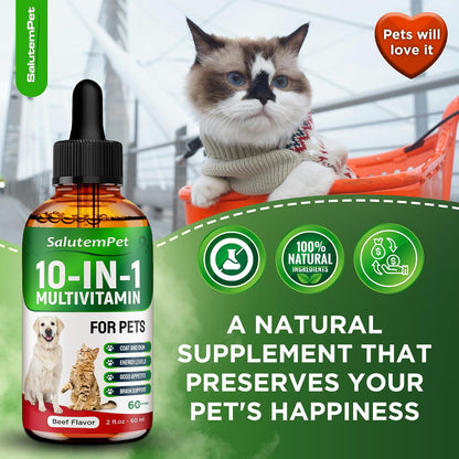 SalutemPet Liquid Multivitamin for Cats and Dogs - 10-in-1 Supplement with Vitamins C, D3, B Complex, Glucosamine, Cranberry - Beef Flavour - 60 ml