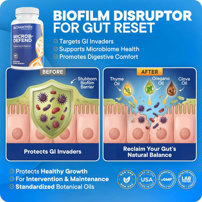 Biofilm Disruptor | Microb-Defend by BioMatrix – Digestive Health & Gut Microbiome Support with Oregano, Thyme & Clove (90 Softgels)