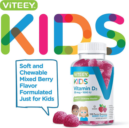 Viteey Vitamin D3 Kids Gummies 25mcg (1000 IU) - Tasty Chewable Berry Flavour | Bone Health, Immune Health, Joint & Muscle Support - Vegetarian, Gelatine Free, Gluten-free, GMO Free - 120 Count