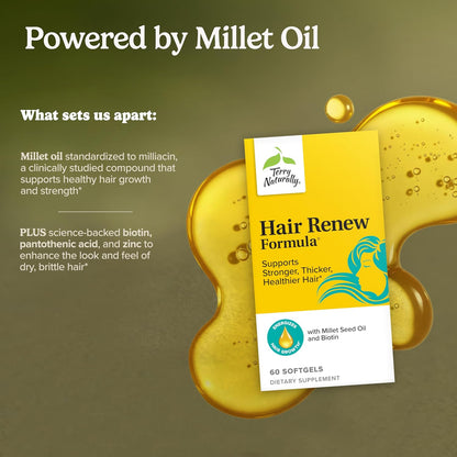 Terry Naturally Hair Renew Formula - 60 Softgels - Promotes Healthy Hair and Nourishes Thinning Hair with Millet Seed Oil, Horsetail, Biotin & Folic Acid - Gluten-Free - 30 Servings