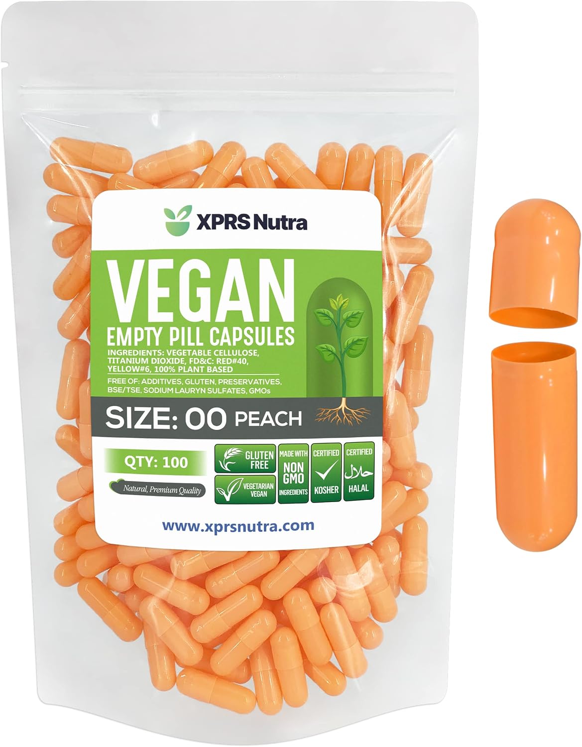 XPRS Nutra Size 00 Empty Capsules - 100 Count Vegan Capsules - DIY Vegetable Capsule Filling - Peach - görsel 1