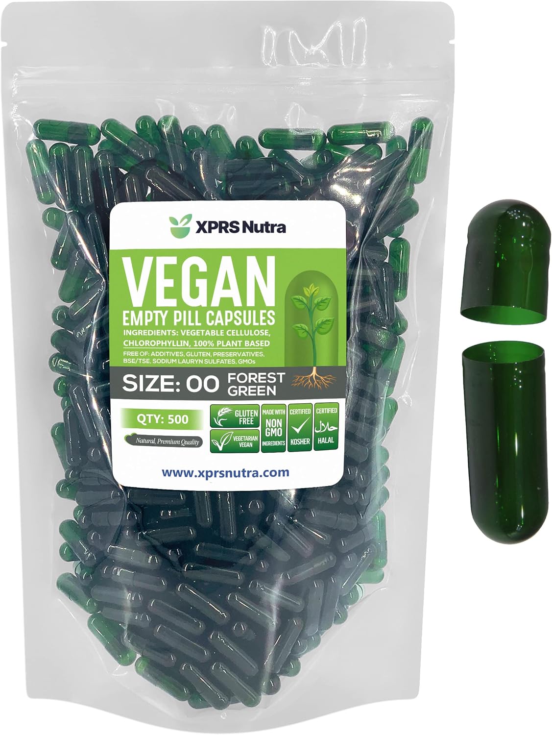 XPRS Nutra Size 00 Empty Capsules - 500 Count Vegan Capsules (Forest Green) - görsel 1